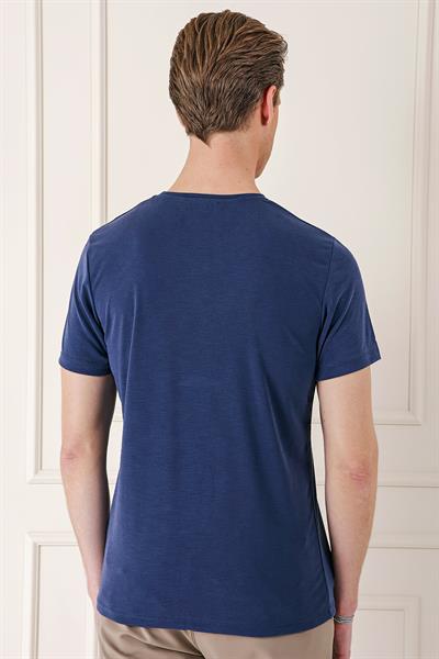 Slim Fit Bisiklet Yaka Doku Desenli Pamuklu Lacivert Tişört Ts 881