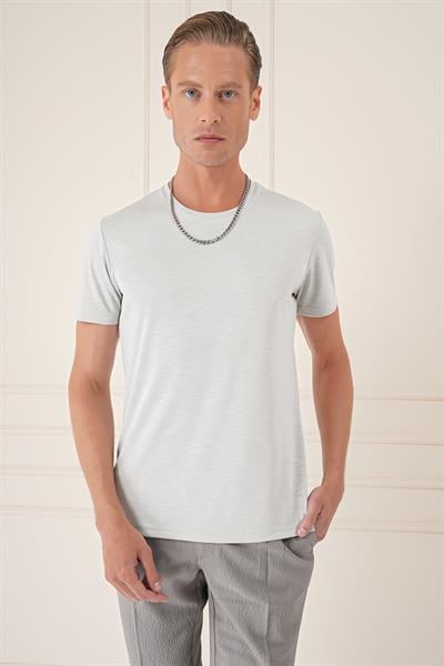 Slim Fit Bisiklet Yaka Doku Desenli Pamuklu Açık Gri Tişört Ts 881