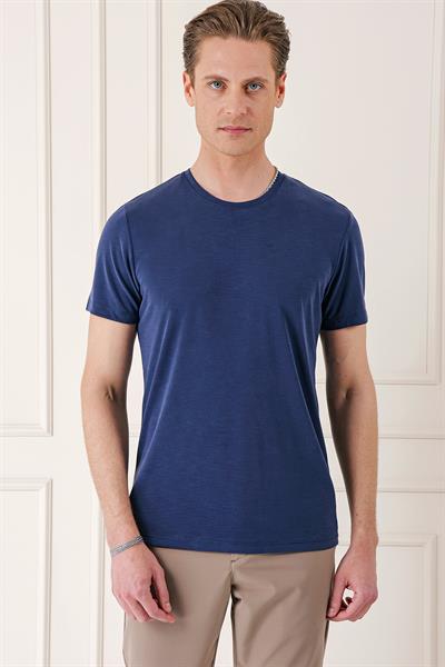Slim Fit Bisiklet Yaka Doku Desenli Pamuklu Lacivert Tişört Ts 881