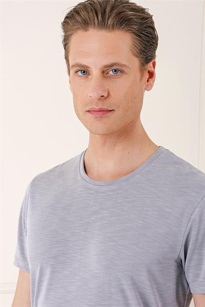 Slim Fit Bisiklet Yaka Doku Desenli Pamuklu Gri Tişört Ts 881