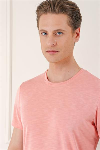 Slim Fit Bisiklet Yaka Doku Desenli Pamuklu Mercan Tişört Ts 881