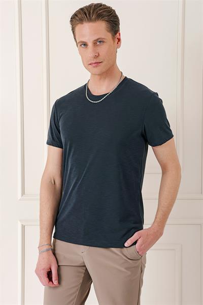 Slim Fit Bisiklet Yaka Doku Desenli Pamuklu Siyah Tişört Ts 881
