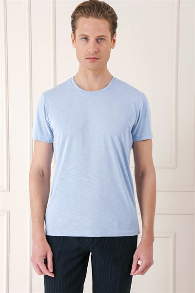 Slim Fit Bisiklet Yaka Doku Desenli Pamuklu Mavi Tişört Ts 881