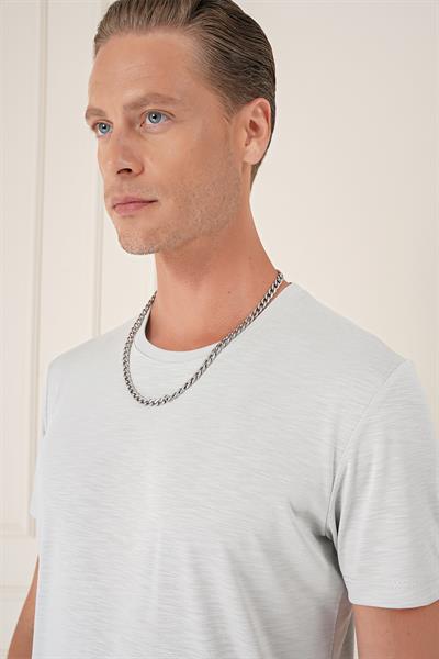 Slim Fit Bisiklet Yaka Doku Desenli Pamuklu Açık Gri Tişört Ts 881