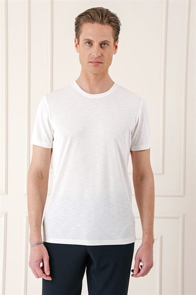 Slim Fit Bisiklet Yaka Doku Desenli Pamuklu Ekru Tişört Ts 881
