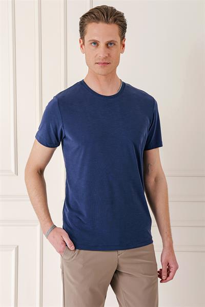 Slim Fit Bisiklet Yaka Doku Desenli Pamuklu Lacivert Tişört Ts 881