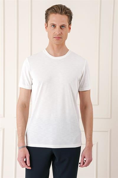 Slim Fit Bisiklet Yaka Doku Desenli Pamuklu Ekru Tişört Ts 881