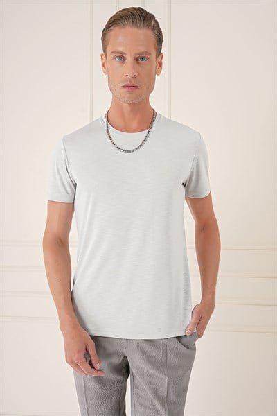 Slim Fit Bisiklet Yaka Doku Desenli Pamuklu Açık Gri Tişört Ts 881