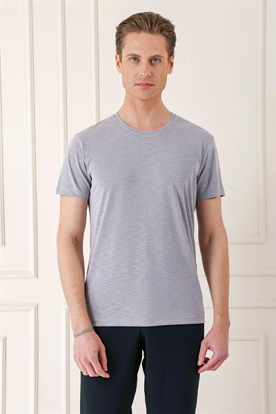Slim Fit Bisiklet Yaka Doku Desenli Pamuklu Gri Tişört Ts 881