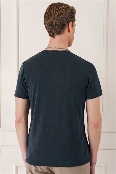 Slim Fit Bisiklet Yaka Doku Desenli Pamuklu Siyah Tişört Ts 881