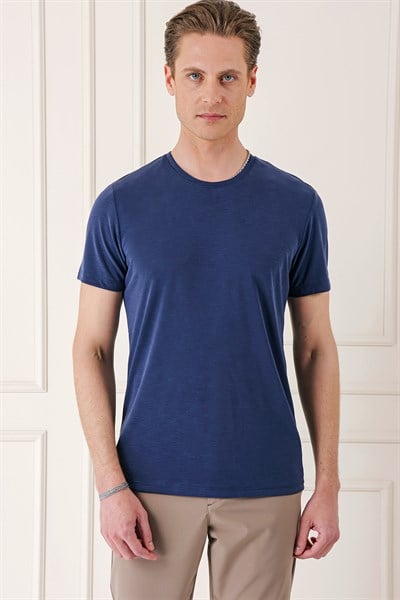 Slim Fit Bisiklet Yaka Doku Desenli Pamuklu Lacivert Tişört Ts 881