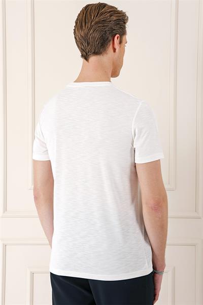 Slim Fit Bisiklet Yaka Doku Desenli Pamuklu Ekru Tişört Ts 881
