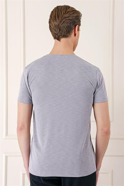 Slim Fit Bisiklet Yaka Doku Desenli Pamuklu Gri Tişört Ts 881