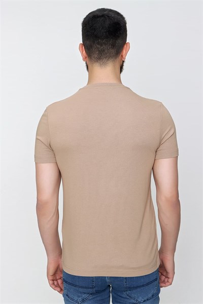 Slim Fit Bisiklet Yaka Düz Pamuklu Bej Tişört Ts 823