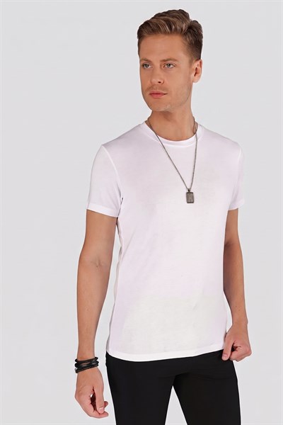 Slim Fit Bisiklet Yaka Düz Pamuklu Beyaz Tişört Ts 823