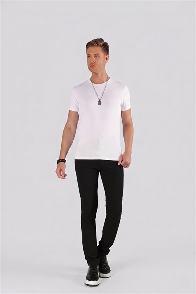Slim Fit Bisiklet Yaka Düz Pamuklu Beyaz Tişört Ts 823