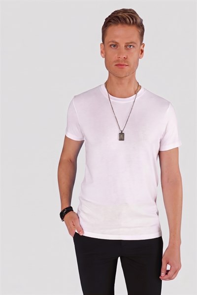 Slim Fit Bisiklet Yaka Düz Pamuklu Beyaz Tişört Ts 823