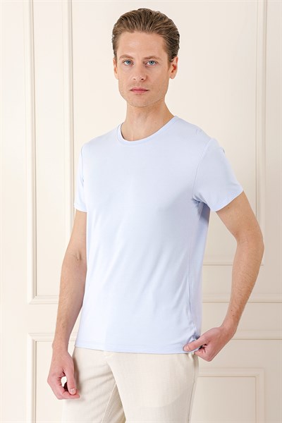 Slim Fit Bisiklet Yaka Düz Pamuklu Buz Mavi Tişört Ts 823