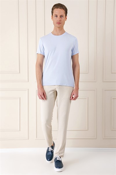 Slim Fit Bisiklet Yaka Düz Pamuklu Buz Mavi Tişört Ts 823