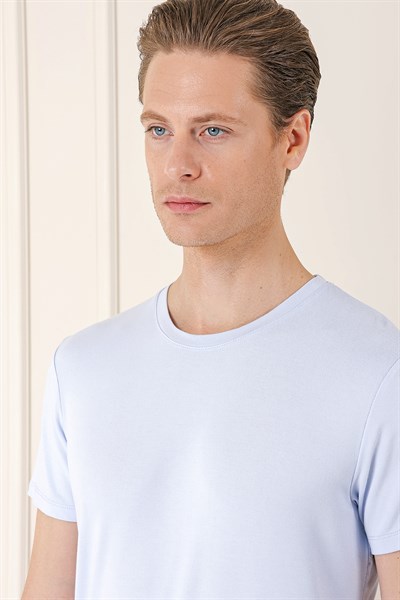 Slim Fit Bisiklet Yaka Düz Pamuklu Buz Mavi Tişört Ts 823