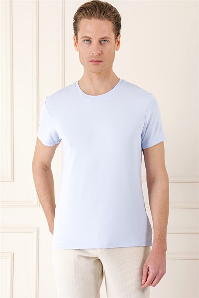 Slim Fit Bisiklet Yaka Düz Pamuklu Buz Mavi Tişört Ts 823