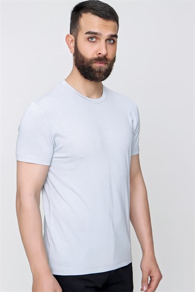 Slim Fit Bisiklet Yaka Düz Pamuklu Gri Tişört Ts 823