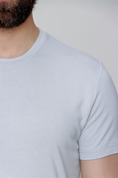 Slim Fit Bisiklet Yaka Düz Pamuklu Gri Tişört Ts 823