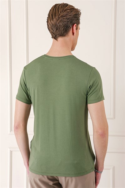 Slim Fit Bisiklet Yaka Düz Pamuklu Haki Tişört Ts 823