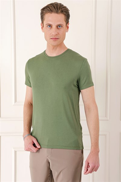 Slim Fit Bisiklet Yaka Düz Pamuklu Haki Tişört Ts 823