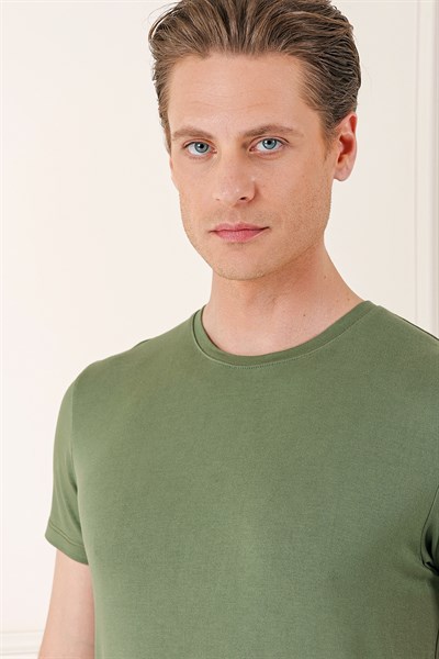 Slim Fit Bisiklet Yaka Düz Pamuklu Haki Tişört Ts 823