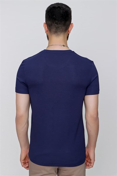 Slim Fit Bisiklet Yaka Düz Pamuklu Lacivert Tişört Ts 823