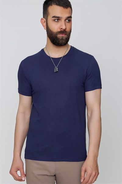 Slim Fit Bisiklet Yaka Düz Pamuklu Lacivert Tişört Ts 823