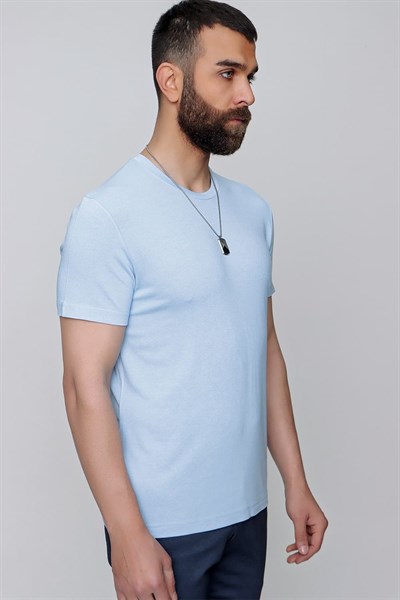 Slim Fit Bisiklet Yaka Düz Pamuklu Mavi Tişört Ts 823