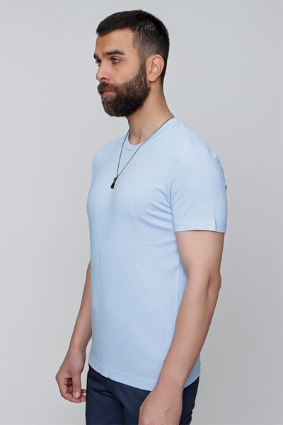 Slim Fit Bisiklet Yaka Düz Pamuklu Mavi Tişört Ts 823