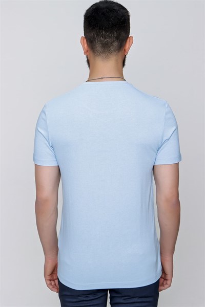 Slim Fit Bisiklet Yaka Düz Pamuklu Mavi Tişört Ts 823