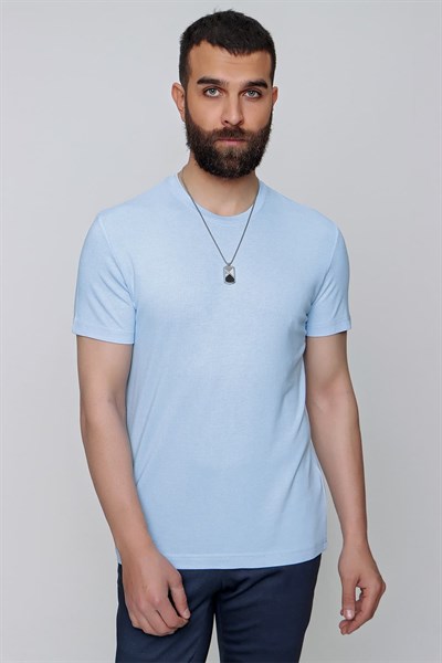 Slim Fit Bisiklet Yaka Düz Pamuklu Mavi Tişört Ts 823