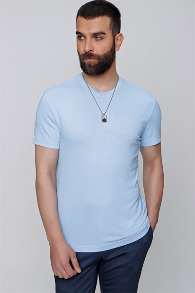 Slim Fit Bisiklet Yaka Düz Pamuklu Mavi Tişört Ts 823