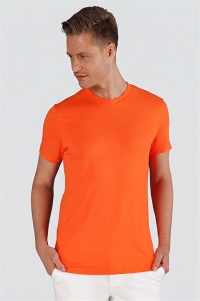 Slim Fit Bisiklet Yaka Esnek Pamuklu Düz Oranj Tişört TS 823