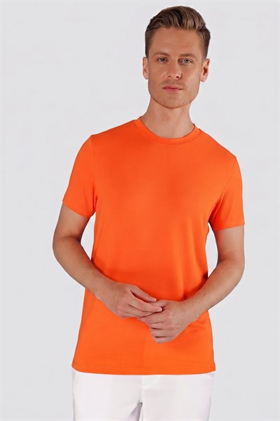 Slim Fit Bisiklet Yaka Esnek Pamuklu Düz Oranj Tişört TS 823
