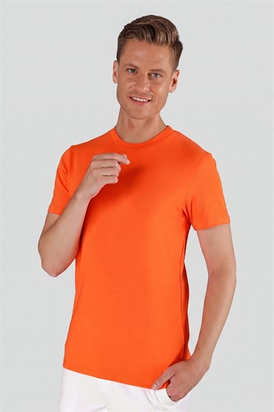 Slim Fit Bisiklet Yaka Esnek Pamuklu Düz Oranj Tişört TS 823