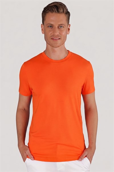 Slim Fit Bisiklet Yaka Esnek Pamuklu Düz Oranj Tişört TS 823