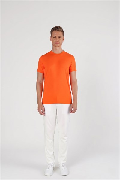 Slim Fit Bisiklet Yaka Esnek Pamuklu Düz Oranj Tişört TS 823