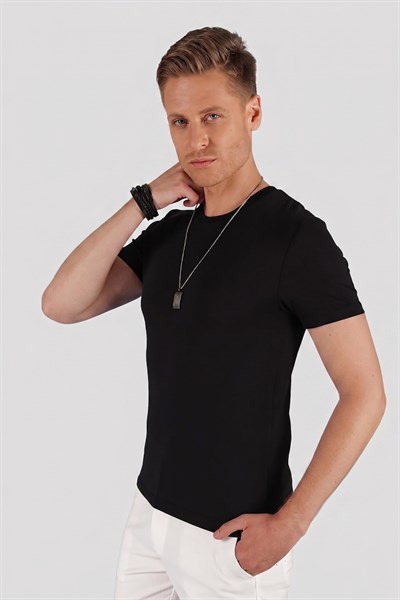 Slim Fit Bisiklet Yaka Düz Pamuklu Siyah Tişört Ts 823