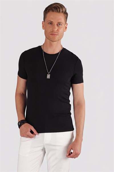 Slim Fit Bisiklet Yaka Düz Pamuklu Siyah Tişört Ts 823