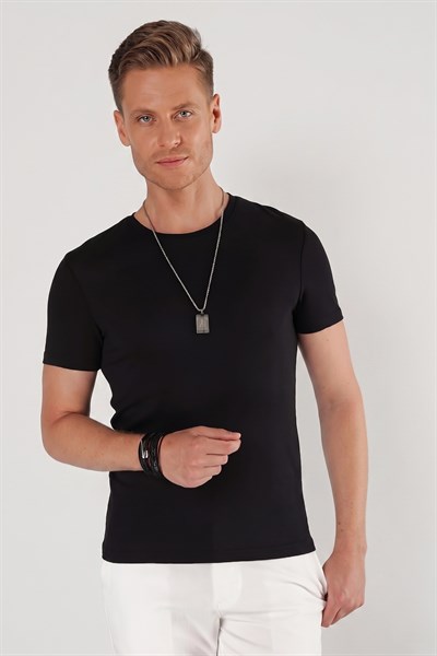 Slim Fit Bisiklet Yaka Düz Pamuklu Siyah Tişört Ts 823