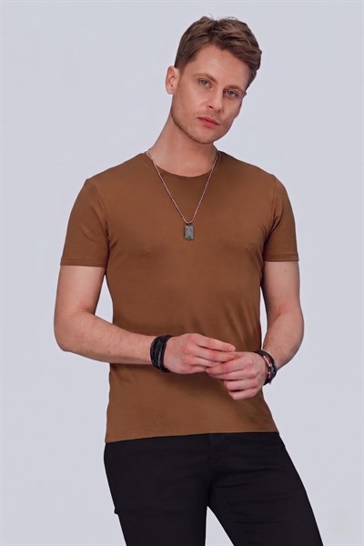 Slim Fit Bisiklet Yaka Düz Pamuklu Tarçın Tişört Ts 823