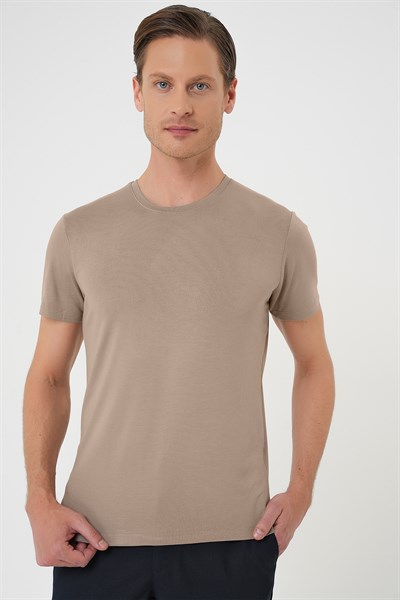 Slim Fit Bisiklet Yaka Düz Pamuklu Vizon Tişört Ts 823