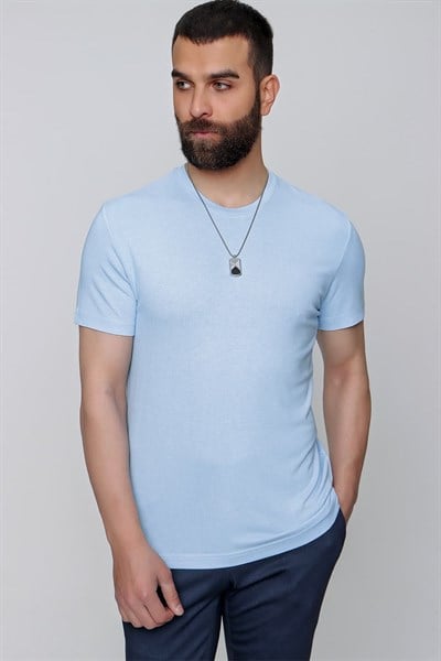 Slim Fit Bisiklet Yaka Esnek Pamuklu Düz Mavi Tişört TS 823