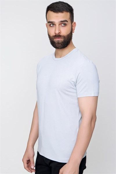 Slim Fit Bisiklet Yaka Esnek Pamuklu Düz Gri Tişört TS 823