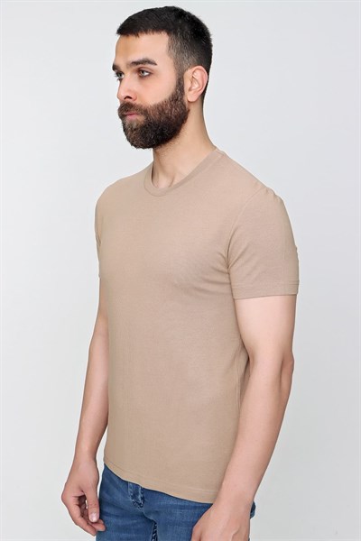 Slim Fit Bisiklet Yaka Esnek Pamuklu Düz Bej Tişört TS 823